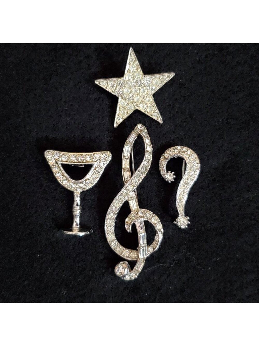 Vintage Rhinestone Brooch Lot Of 4 G Clef Star Question Mark Goblet Silver Tone